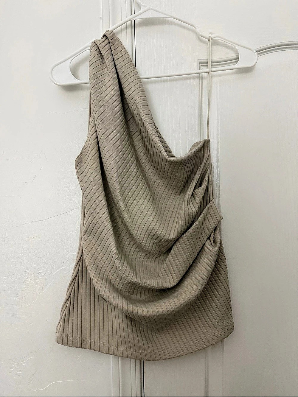 Zara Asymmetric Ribbed Top in Beige Like New